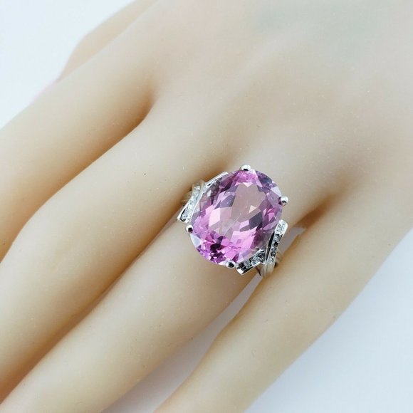 Vintage 14 Karat White Gold Pink Glass and Diamond Ring Size 6  #9935 - Picture 8 of 8